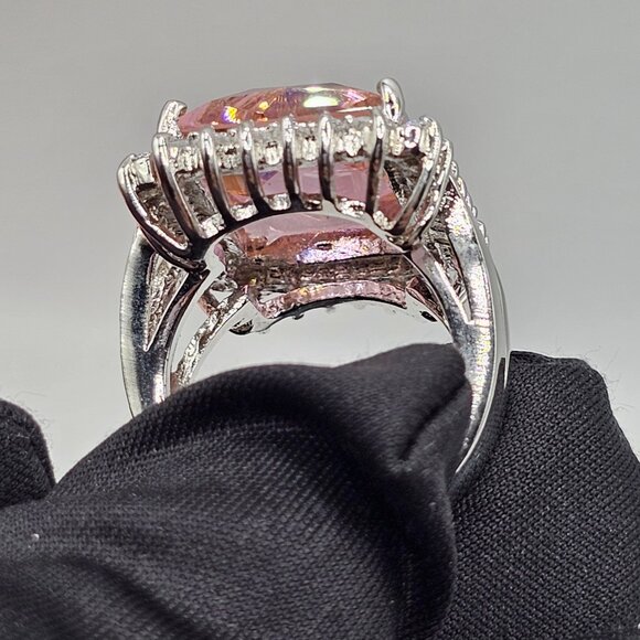 Sterling Silver 925 Rhodium Plated Large Pink CZ Cocktail Ring - Picture 7 of 12